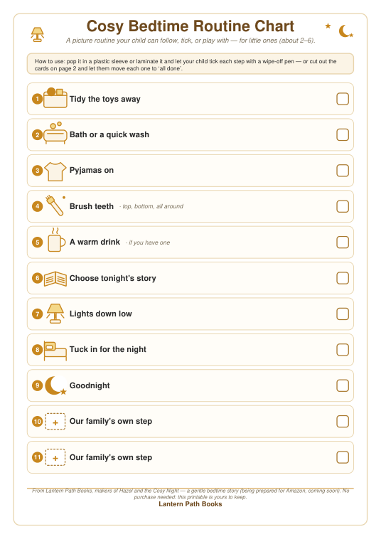 Preview of the free printable Cosy Bedtime Routine Checklist from Lantern Path Books.