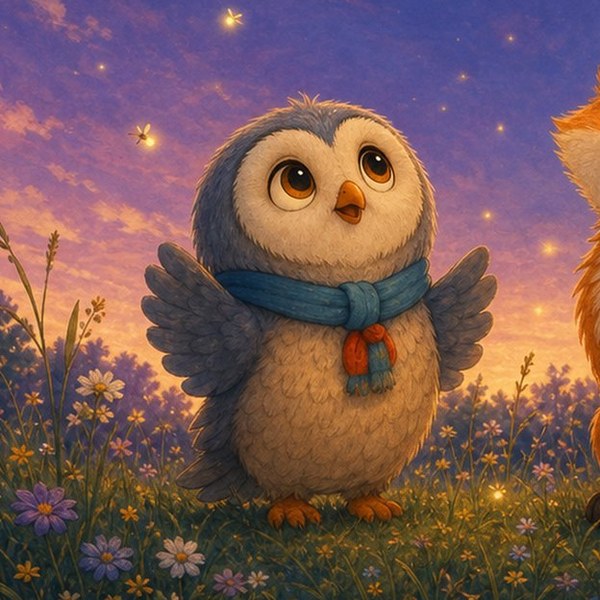 Oliver the Owl, a soft little owl in a blue scarf, in a dusk meadow of fireflies, from Oliver and the Lantern Path.