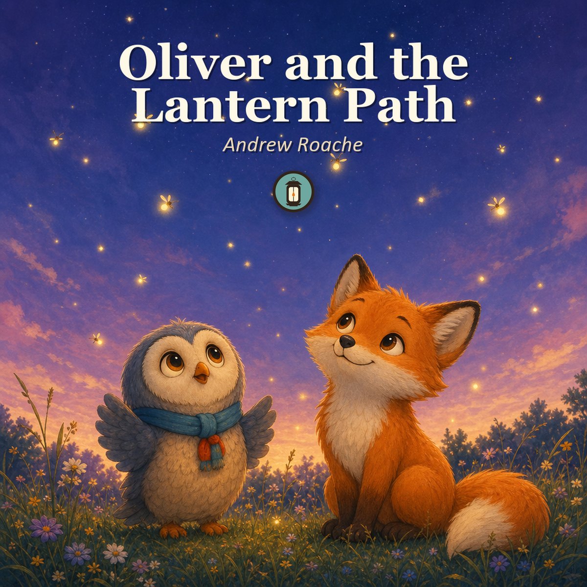 Oliver the Owl and a little fox under a starry dusk sky.