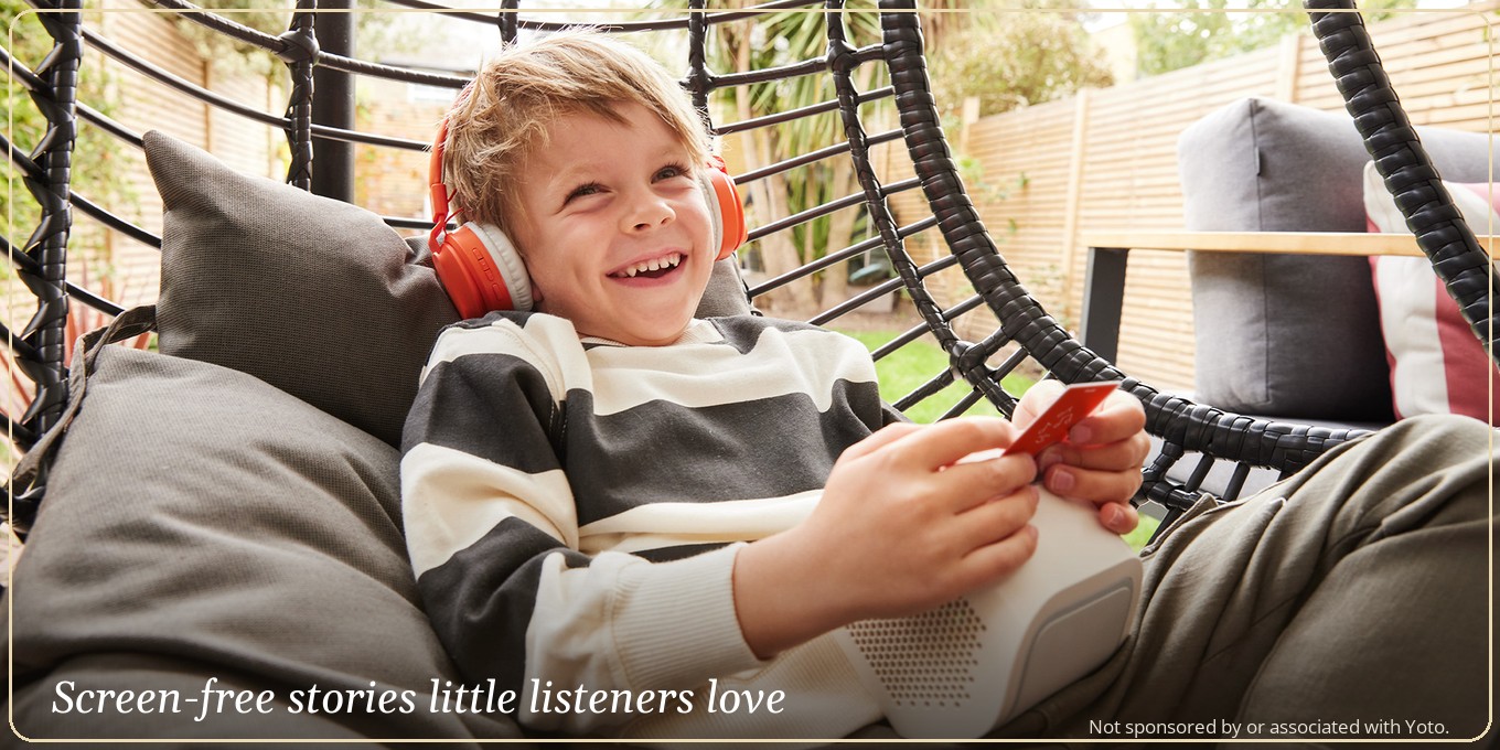 A Yoto Player Mini, the screen-free audio player kids love. Kids pop in a story card and it plays, no screen.