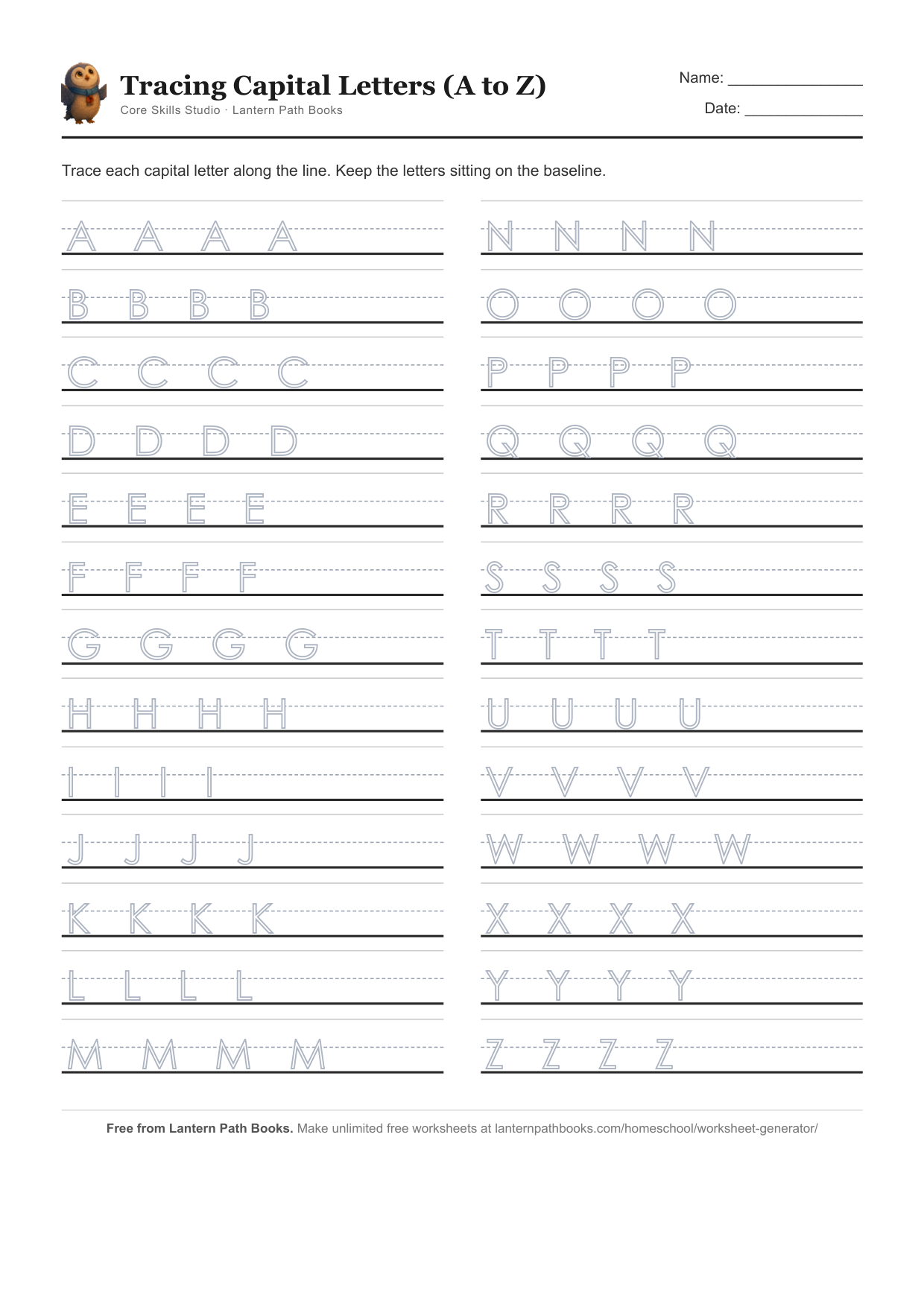 Sample handwriting worksheet made with the Core Skills Studio