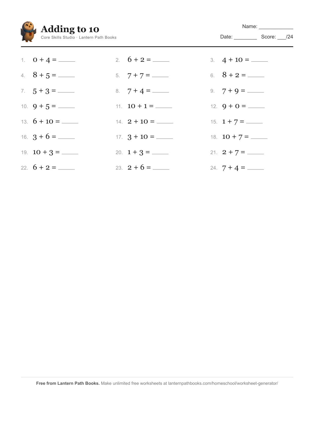A sample maths worksheet from the Homeschool Core Skills Starter Pack, with number-fact questions and space to write the answers.