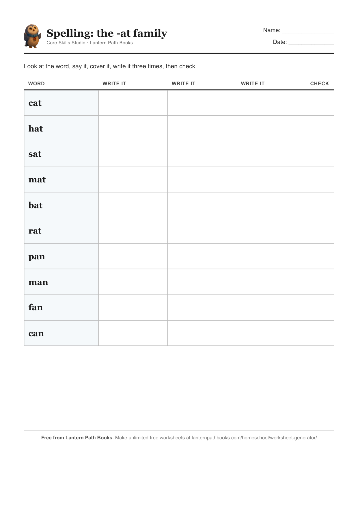 Sample spelling worksheet made with the Core Skills Studio