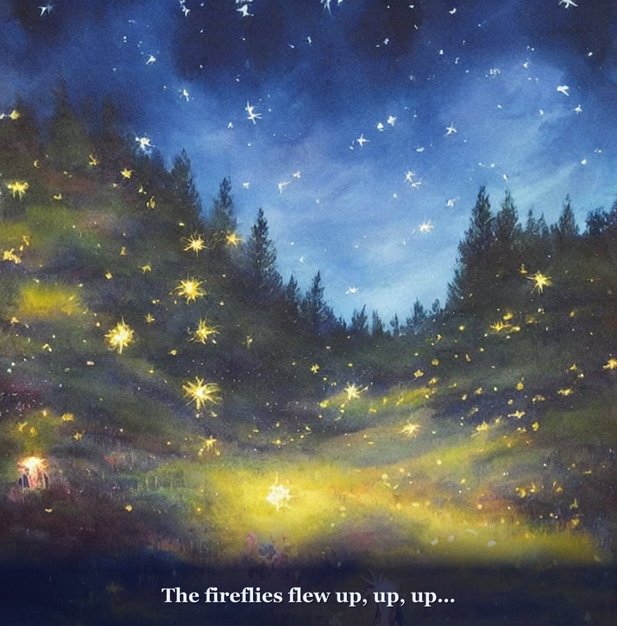 A starlit valley with golden fireflies rising over dark hills, the signature scene from Oliver and the Lantern Path.