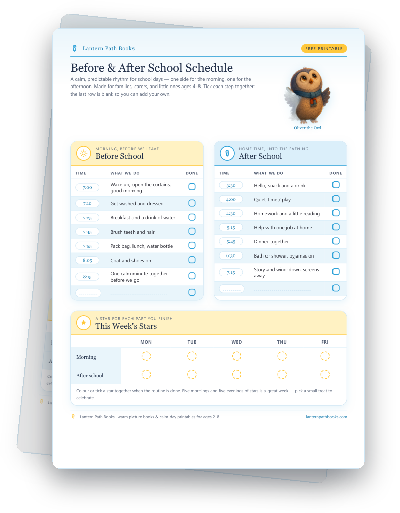 The printable Before & After School Schedule shown as a sheet with a morning routine, an after-school routine, and a weekly star chart.