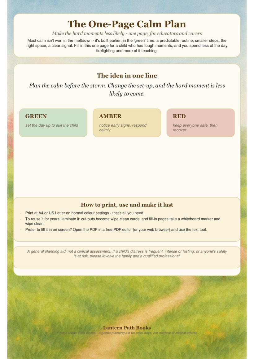 Preview of the One-Page Calm Plan, a Green, Amber, Red planning page.