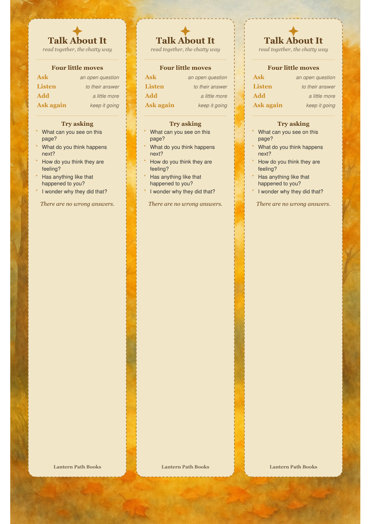 Talk About It, read-together bookmarks that turn any picture book into a chat.