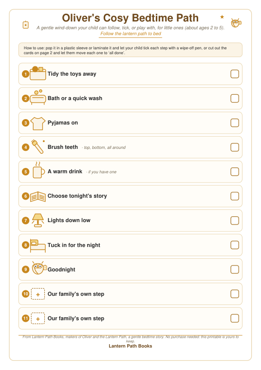 Oliver's Cosy Bedtime Path, a gentle printable wind-down checklist with steps like tidy the toys, a little wash, pyjamas on, a warm drink, tonight's story, lights down low and a goodnight cuddle.