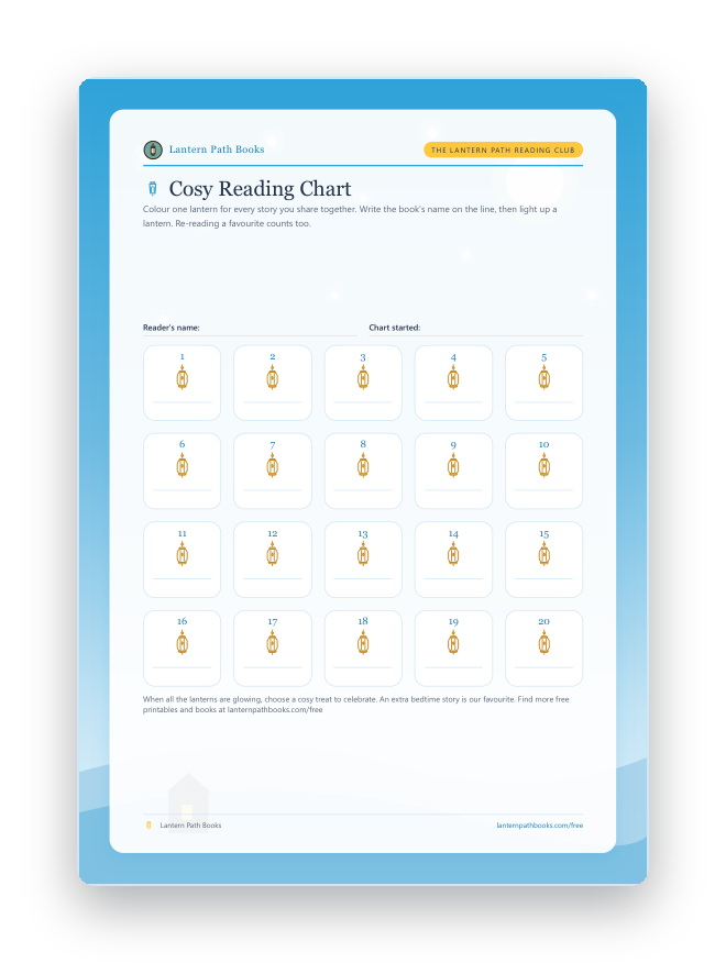 Preview of the printable Cosy Reading Chart with lanterns to colour.
