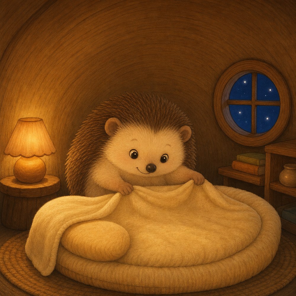 Hazel climbing into a soft, round bed and pulling up a cosy blanket, a lamp glowing nearby.