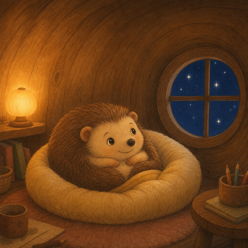 Hazel curled in her bed, lamp low, looking out a round window at a few gentle stars.